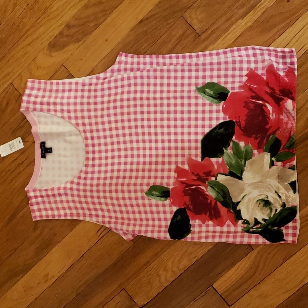 Talbots Pink Checked Floral Sleeveless Tank Sweater Knit Top NWT Size Large